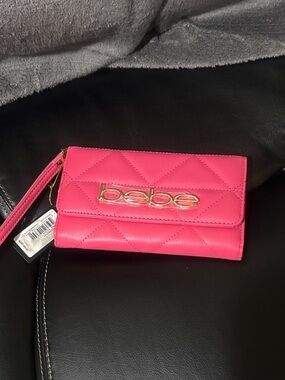bebe Quilted Wristlet Clutch - Bright Pink with Gold Logo
